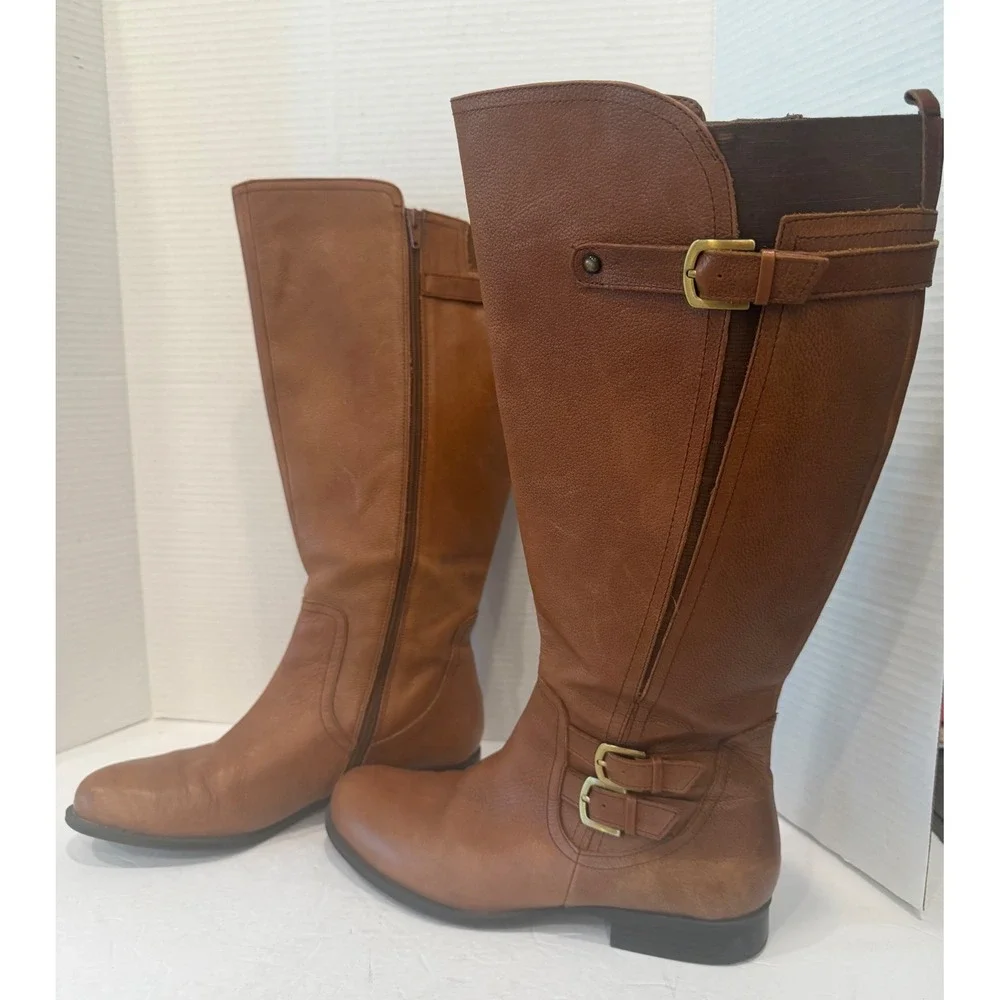 Naturalizer Cognac Brown Leather Buckle Tall Knee High Wide Calf Riding Boots 10